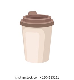 Plastic cup for coffee or tea with brown lid. Tasty hot drink. Delicious beverage. Flat vector design