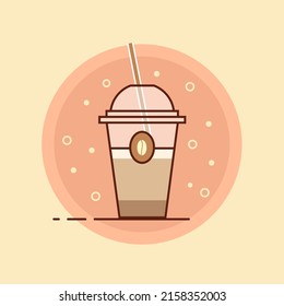 plastic cup with coffee and a tube on a colored background. for design of cafe, coffee cups