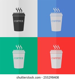 Plastic cup of coffee vector icon. Effect of folded paper. Colored (red, blue, green) illustrations. Flat design