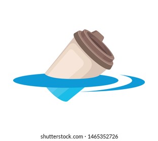 Plastic cup of coffee in water. Vector illustration on white background.