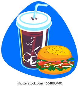 Plastic cup of cola with ice and tasty hamburger. Isolated. On blue background.
