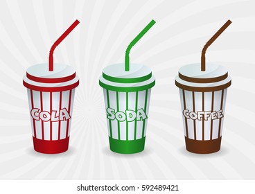 plastic cup, cola, soda, and coffee. vector illustration