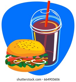 Plastic cup of cola with straw and tasty hamburger. Isolated. On blue background.
