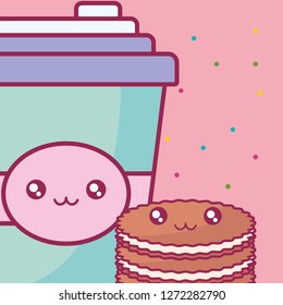plastic cup container and cookies kawaii characters