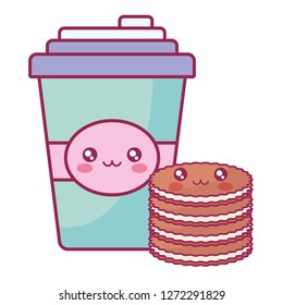 plastic cup container and cookies kawaii characters