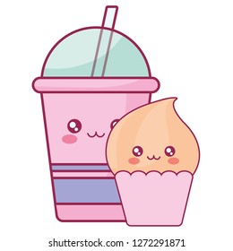 plastic cup container and cupcake kawaii characters