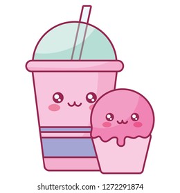plastic cup container and cupcake kawaii characters