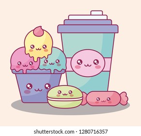 plastic cup container and ice cream kawaii characters