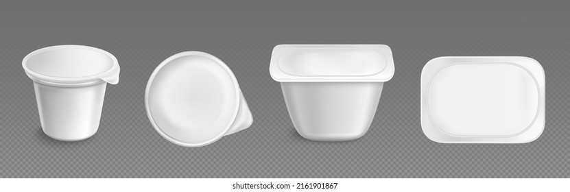 Plastic cup, container or package for yoghurt and dairy products isolated vector mockup. White jars with foil lid, oval or round tubs front and top view on transparent background, Realistic 3d mock up