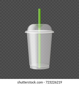 Plastic cup with cover and long green straw isolated vector illustration on transparent background. Take away container for beverages.