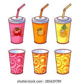 Plastic cup with different kinds of cocktails. Vector illustration on a white background.