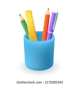 Plastic cup with different school supplies 3D icon. Pencils, pen and ruler for students or pupils 3D vector illustration on white background. Education, stationery concept