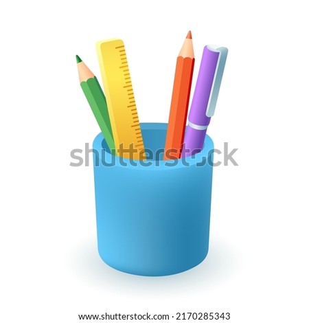 Plastic cup with different school supplies 3D icon. Pencils, pen and ruler for students or pupils 3D vector illustration on white background. Education, stationery concept