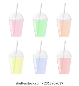 Plastic cup with dome cap and cocktail tube, color. For milkshake and lemonade, juice, tea and smoothie. Vector illustration.