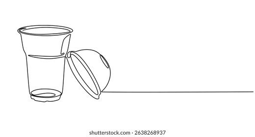 Plastic cup with dome lid continuous one line drawing, Cup with dome. Icon on Red background with shadow, Single line drawing of a hand holding a cup of iced coffee. Clear plastic cup with sphere