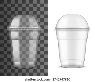 Plastic cup with dome lid, package realistic mockup. 3d vector object of disposable transparent mug for takeaway drinks and beverages, clear empty container for juice, iced coffee, tea and milkshake