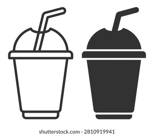 plastic cup with dome lid and straw icon set, beverage container illustration on transparent background