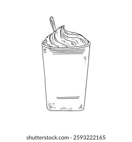 Plastic cup drink with topped whipped cream hand-drawn vector beverage illustration.