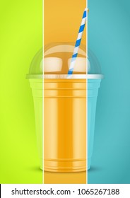 Plastic cup with drink and tube on multicolor background. Presentation Poster for milkshake and lemonade and smoothie. Vector Illustration.