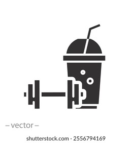 plastic cup with dumbbells, sports bar icon, fresh drink in gym icon, protein drink, flat vector illustration