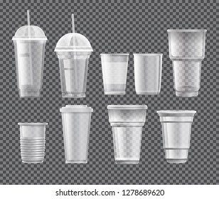Plastic Cup, Empty Takeaway Plastic Cups On Transparent Background. Coffee And Drink Cup Set Vector Mockup. Realistic Vector Template