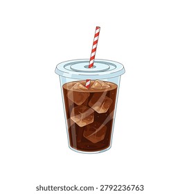 A plastic cup filled with dark iced coffee or cola with ice cubes and a red and white striped straw isolated on a plain white background