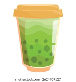 Plastic cup full of matcha bubble tea with tapioca pearls is waiting