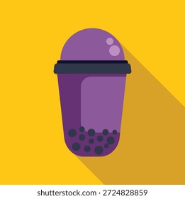 Plastic cup full of purple bubble tea casting a long shadow on a yellow background