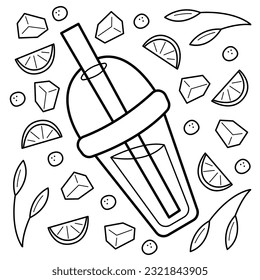 Plastiktasse mit Stroh und kaltem Getränk. Doodle, schwarz-weiß, Vektorgrafik.
