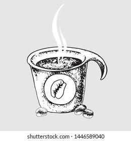A plastic cup with a grain sticker, with coffee beans and steam, hand-drawn on paper. Graphics on a gray background.