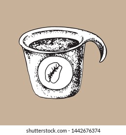 Plastic cup with a grain sticker, filled with coffee, drawn on paper. Graphics on a brown background.