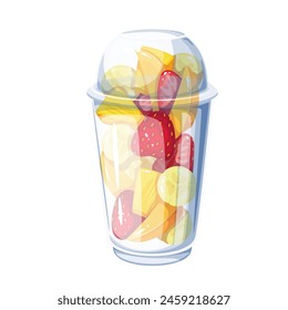 Plastic cup with healthy fruit pieces, cartoon vitamin lunchbox food. Funny mug with dome lid and sliced strawberry, peach and banana, cup with snack of school children cartoon vector illustration