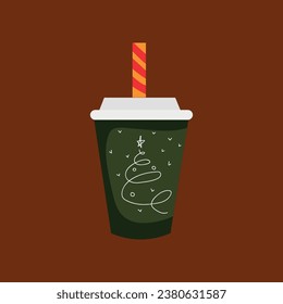 Plastic cup of hot chocolate on brown background