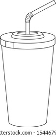 Plastic cup for lemonade on white background. Fast food drink symbol. Black and white vector illustration. Isolated on white. Object for packaging, advertisements, menu.