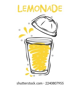 Plastic cup with lemonade. Summer drink. Healthy food poster. Hand drawn vector elements of smoothies, lemonade, fresh, juice, detox and fruits in sketch style