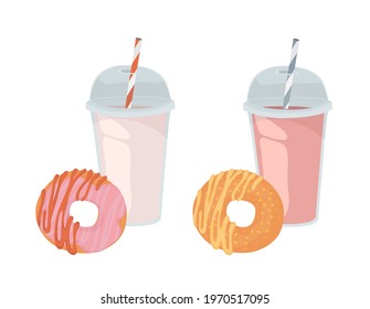 Plastic cup with plastic lid. Milkshake. Juice, cocktail, smoothie. Lemonade. A doughnut with frosting. A doughnut with frosting. 