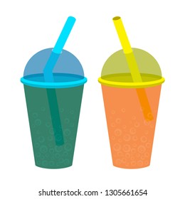 Plastic cup with a lid and straw, filled with cold carbonated drink. A vector image of a drink to quench your thirst.
