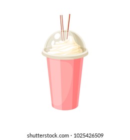 Plastic cup with lid and straw, full of milkshake. Vector illustration cartoon flat icon isolated on white.
