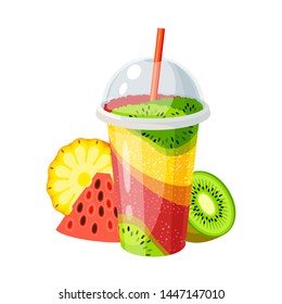 Plastic cup with lid and straw, full of colorful ice fruit fresh mix. Vector illustration cartoon flat icon isolated on white.