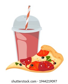 Plastic cup with plastic lid and tube. Juice, cocktail, smoothie, soda. A slice of pizza. Birthday, holiday, weekend, fast food, street food. Outline vector illustration on a white background.