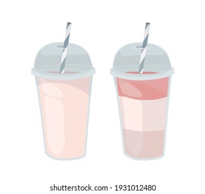 Plastic cup with plastic lid and tube. Outline vector illustration on a white background. Juice, cocktail, milkshake, smoothie.