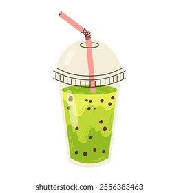 Plastic cup with matcha bubble tea. Green tea drink. Elements for menu, recipe, label, packaging design. Trendy asian beverage.