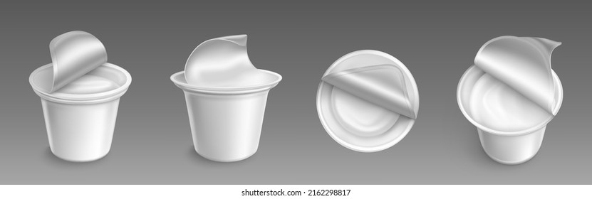 Plastic cup with open cap and yogurt inside. Package for yoghurt and dairy products isolated vector mockup. White round jars with foil lid, blank tubs front, side and top view Realistic 3d mock up set