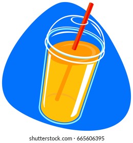 Plastic cup of orange juice with round cap and straw. Isolated. On blue background.