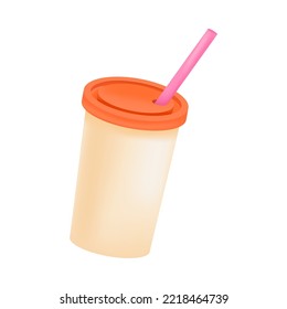 Plastic cup with orange lid and pink straw 3D icon. Three-dimensional takeaway coffee, milkshake, soda or cocktail cup vector illustration on white background. Beverage, breakfast concept