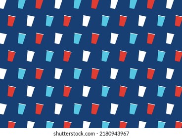 Plastic cup pattern background. wallpaper. Vector Illustration of Beer Pong shot with Pingpong ball. Red, White and blue beer cup.