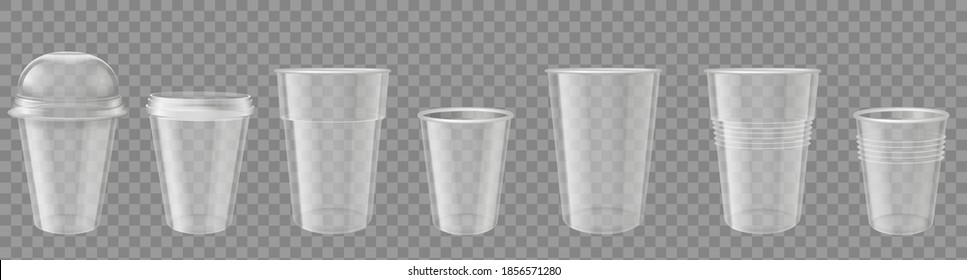 Plastic cup. Realistic transparent disposable cups with cap. Empty drink containers mockup. Packages for coffee or cold beverage vector set. Disposable clean cup with lid or cap illustration svg