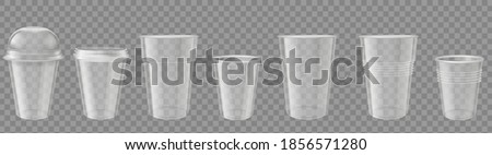 Plastic cup. Realistic transparent disposable cups with cap. Empty drink containers mockup. Packages for coffee or cold beverage vector set. Disposable clean cup with lid or cap illustration