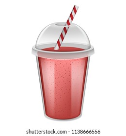 Plastic cup red smoothie mockup. Realistic illustration of plastic cup red smoothie vector mockup for web design isolated on white background
