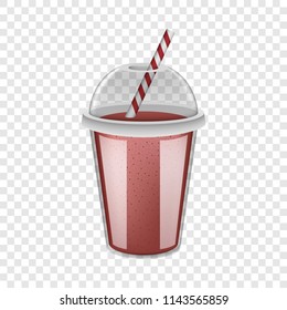 Plastic cup red smoothie mockup. Realistic illustration of plastic cup red smoothie vector mockup for on transparent background